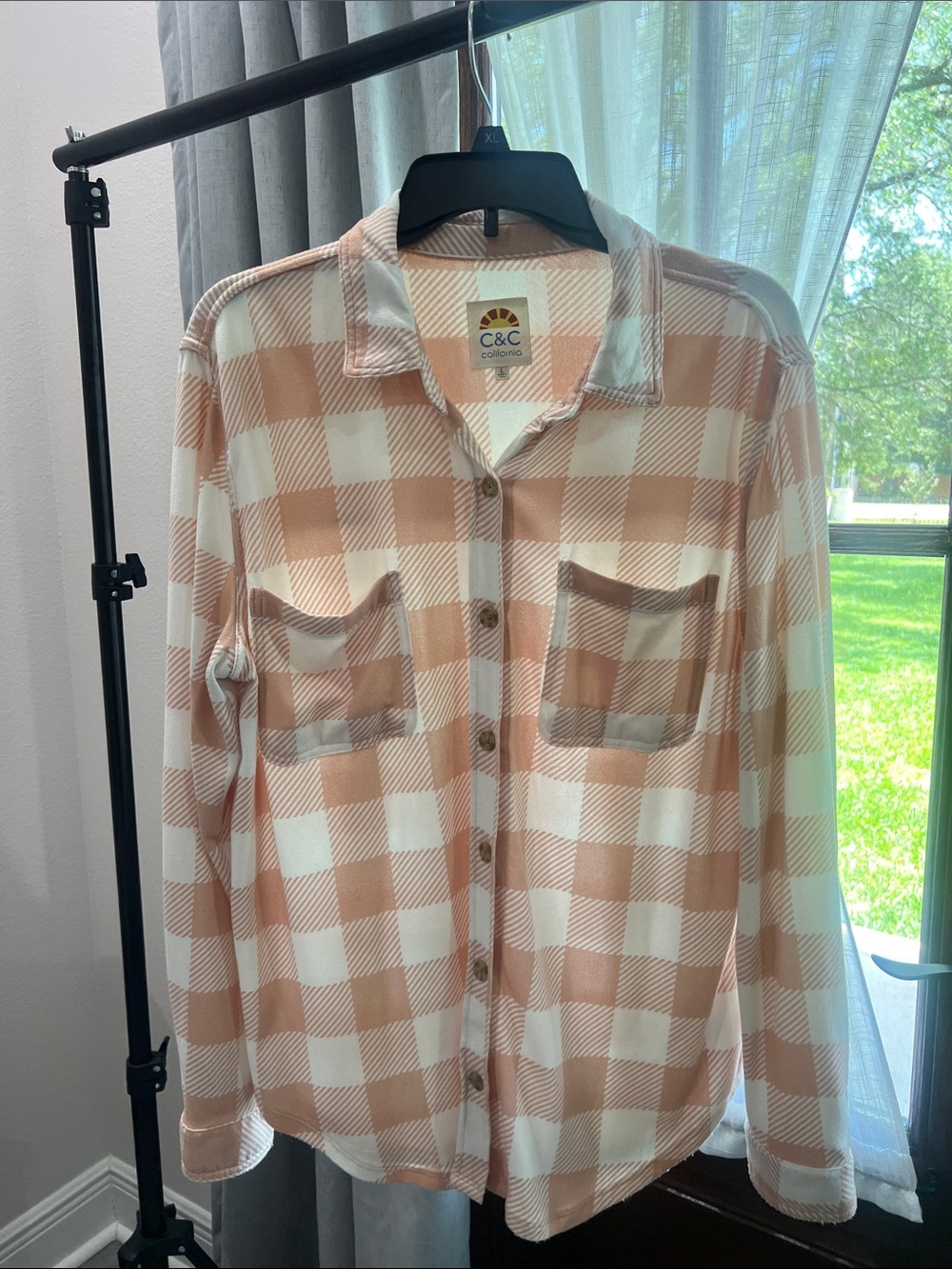 C&C California Peach and White Plaid Button-Down Shirt